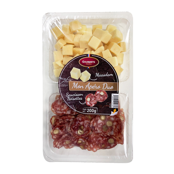 Plateau duo apéro avec dés de maasdam et saucisson noisettes, GOURMETSCHARCUTIERS, 200g