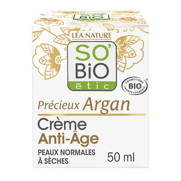 Crème visage anti-âge jour précieux argan bio SO'BIO, pot de 50ml