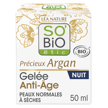 Crème visage Gelée de nuit anti âge argan bio SO BIO, pot de 40ml