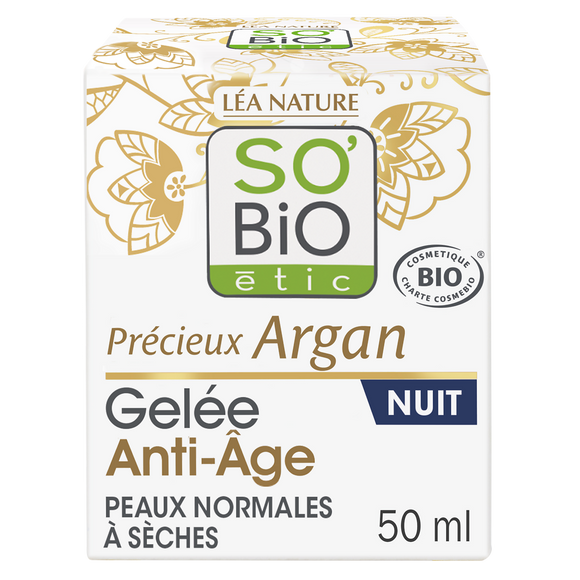 Crème visage Gelée de nuit anti âge argan bio SO BIO, pot de 40ml