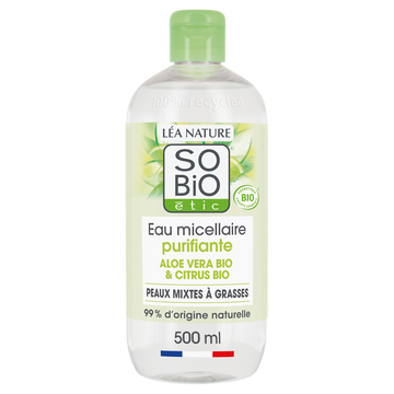 Eau micellaire peaux sensibles aloé vera bio SO BIO, flacon de 500ml