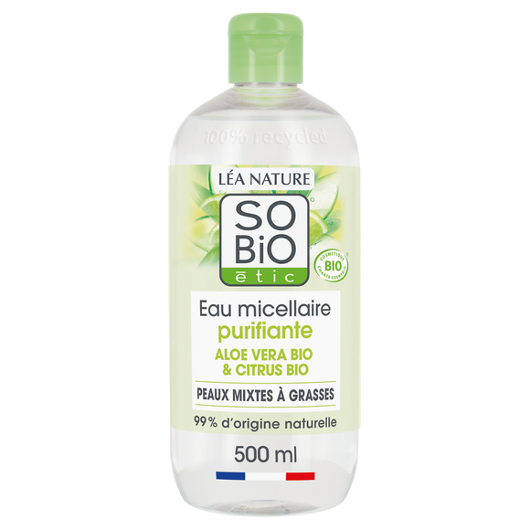 Eau micellaire peaux sensibles aloé vera bio SO BIO, flacon de 500ml