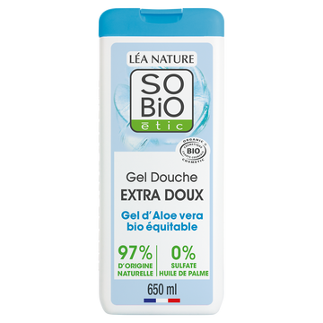 Gel douche aloe vera sans sulfates SO'BIO, flacon de 650ml