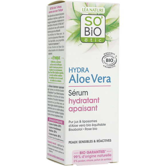 Serum hydratant + peaux sensible/sèches aloe vera SO BIO, 30ml