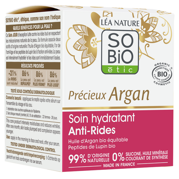 Soin hydratant anti-rides jour précieux argan bio SO'BIO pot 50ml