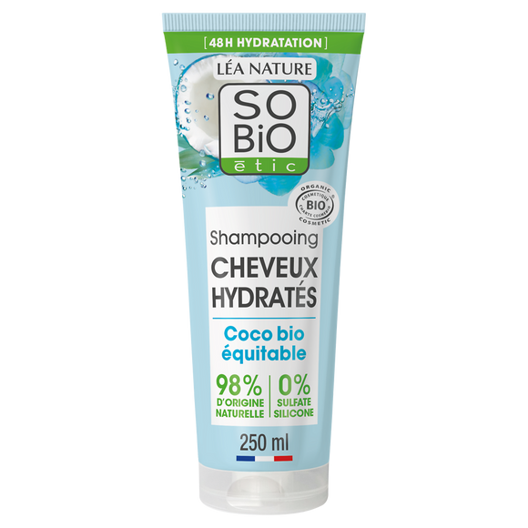 Shampooing cheveux hydratés coco et acide hyaluronique SO BIO, 250ml