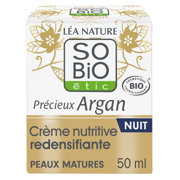 Crème visage nuit nutritive redensif anti rides argan peaux matures SOBIO, 50ml