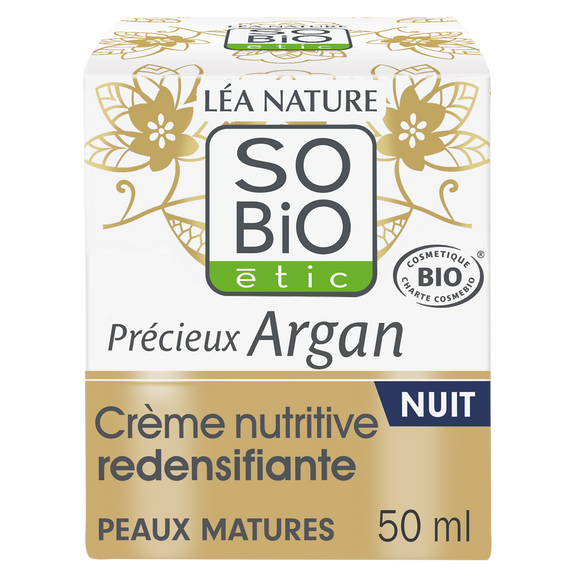 Crème visage nuit nutritive redensif anti rides argan peaux matures SOBIO, 50ml