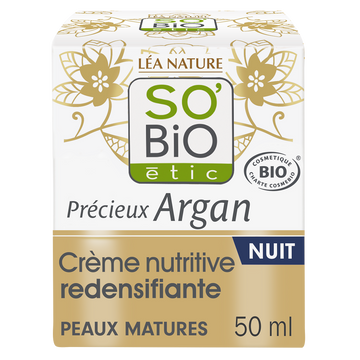Crème nuit nutritive redensif anti rides argan peaux matures SO BIO, 50ml