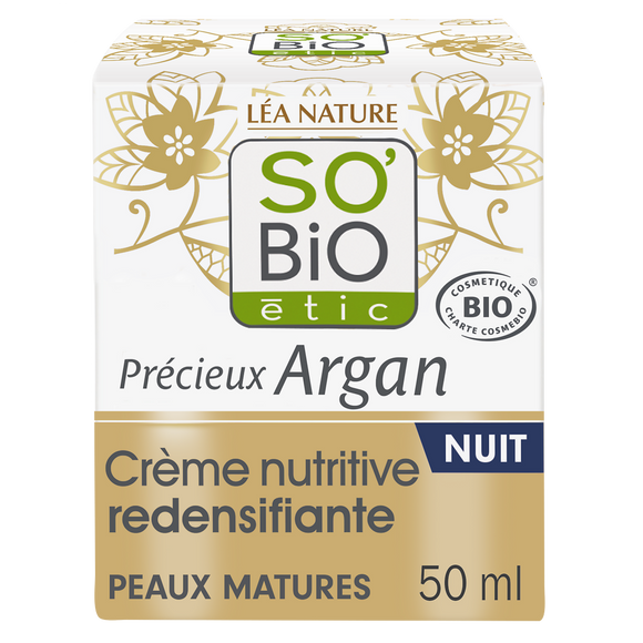 Crème nuit nutritive redensif anti rides argan peaux matures SO BIO, 50ml