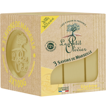 Savon cube de marseille glycériné LE PETIT OLIVIER, 3x100g