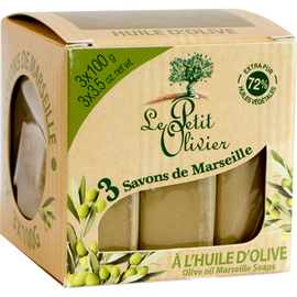 Savon de marseille huile d'olive extra pur 72% huiles végétalesLE PETIT OLIVIER 3x100g