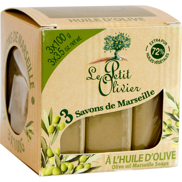 Savon de marseille huile d'olive extra pur 72% huiles végétalesLE PETIT OLIVIER 3x100g