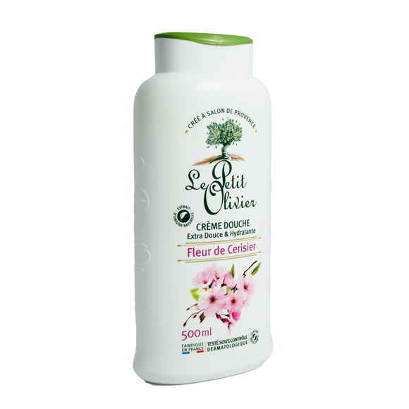 Crème de douche extra douce à l'extrait naturel de fleur de cerisier LE PETIT OLIVIER, flacon de 500ml