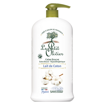 Crème douche extra au lait de coton LE PETIT OLIVIER, flacon de 750ml