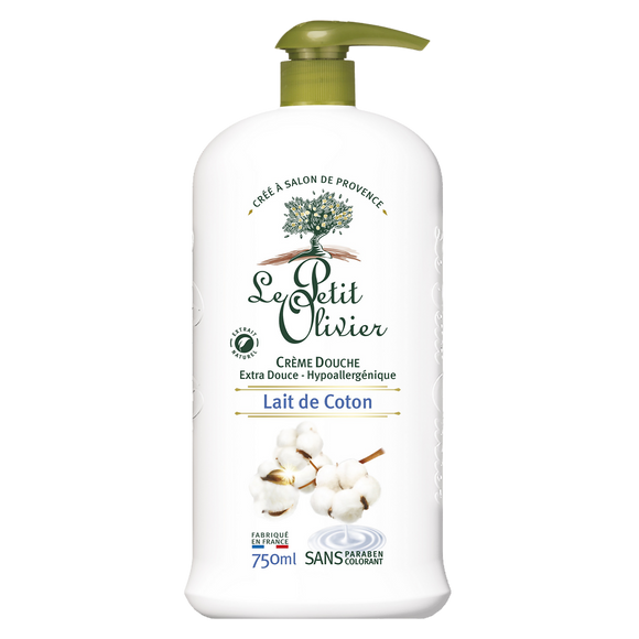 Crème douche extra au lait de coton LE PETIT OLIVIER, flacon de 750ml