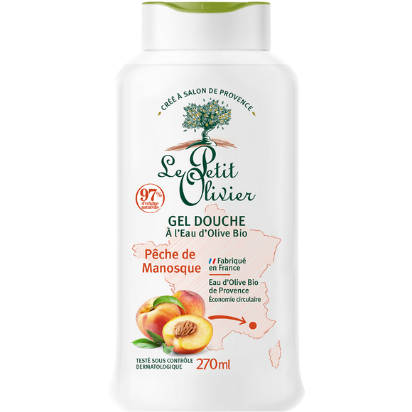 Gel douche homme hydratant pêche de manosque à l'eau d'olive bioPETITOLIVIER flacon 270ml
