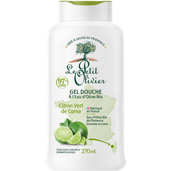 Gel douche homme hydratant citron vert de corse à l'eau d'olive bioPETIT OLIVIER flacon 270ml