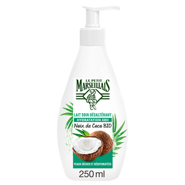 Lait soin corps peaux seches désaltérant hydratation 48H noix de cocoLE PETIT MARSEILLAIS, flacon de 250ml