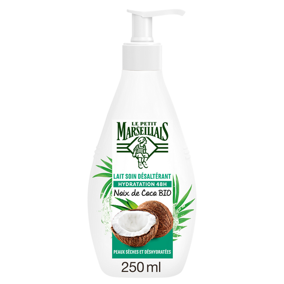 Lait soin corps peaux seches désaltérant hydratation 48H noix de cocoLE PETIT MARSEILLAIS, flacon de 250ml