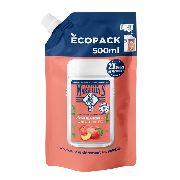 Recharge gel douche LE PETIT MARSEILLAIS pêche blanche et nectarine BIO 500mL