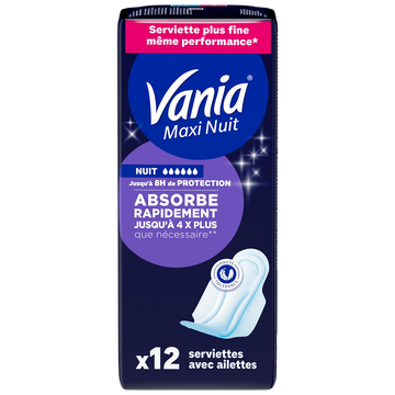 Serviettes hygiéniques maxi nuit absorbe ailettes VANIA, x12