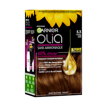 Coloration permanent.sans ammoniaque OLIA, châtain clair doré, n°5.3