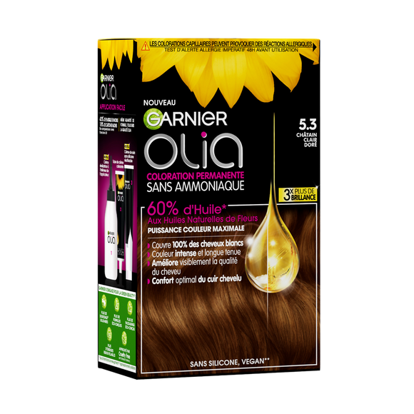 Coloration permanent.sans ammoniaque OLIA, châtain clair doré, n°5.3