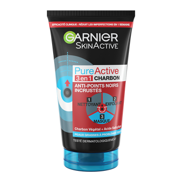 Pure Active Nettoyant 3en1 Charbon Anti-Points Noirs GARNIER Tube 150ml