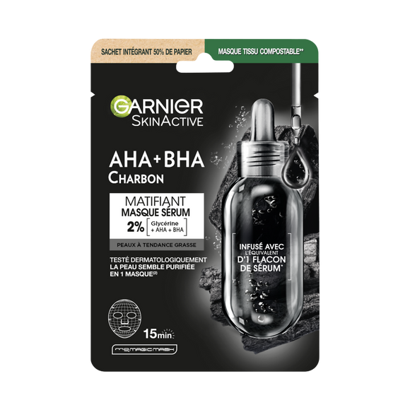 Masque tissu visage charbon végétal,  purifiant & hydratant skinactiveGARNIER x1
