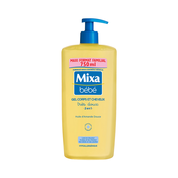 Gel douche très doux corps et cheveux MIXA BEBE maxi format familial flacon de 750 ML