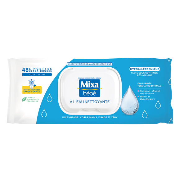 Lingettes à l'eau nettoyante peaux sensibles MIXA BÉBÉ x48