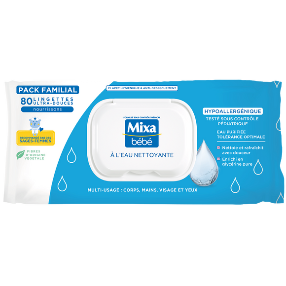 Lingettes bébé à l'eau peaux sensibles hypoallergénique MIXA - x80