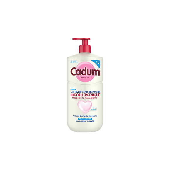Gel lavant corps et cheveux CADUM Hypoallergénique en flacon pompe rechargeable 1L