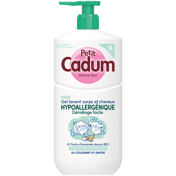 Gel lavant corps et cheveux Petit CADUM Hypoallergénique à l'huile d'amande en flacon pompe 1L