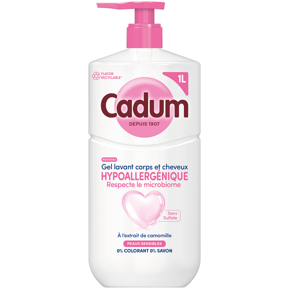 Gel lavant corps et cheveux CADUM Hypoallergénique à l'extrait de camomille en flacon pompe 1L