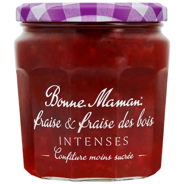 Confiture extra fraise et fraise des bois intense moins sucrée, BONNEMAMAN, bocal 335g