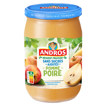 Compote sans sucres ajoutés pomme poire ANDROS, bocal 650g