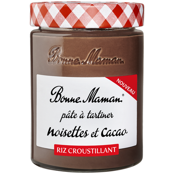 Pâte à tartiner noisettes et cacao au riz croustillant BONNE MAMAN, 330g