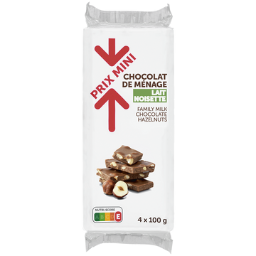 Chocolat au lait aux éclats de noisettes PRIX MINI, 4 Tablettes de 100g