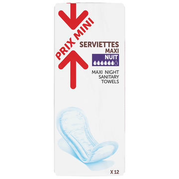 Serviettes hygiéniques maxi nuit sans ailettes PRIX MINI - x12