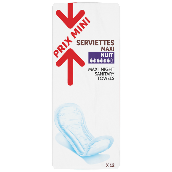 Serviettes hygiéniques maxi nuit sans ailettes PRIX MINI - x12