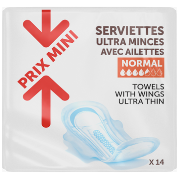 Serviettes hygiéniques ultra minces avec ailettes PRIX MINI - x14