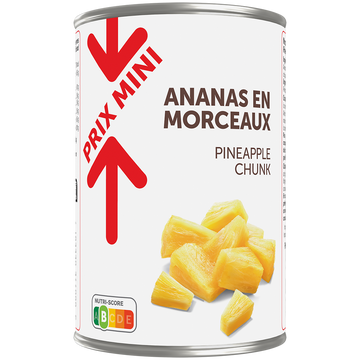 Ananas au sirop léger morceaux PRIX MINI, boîtee 3/4, 340g