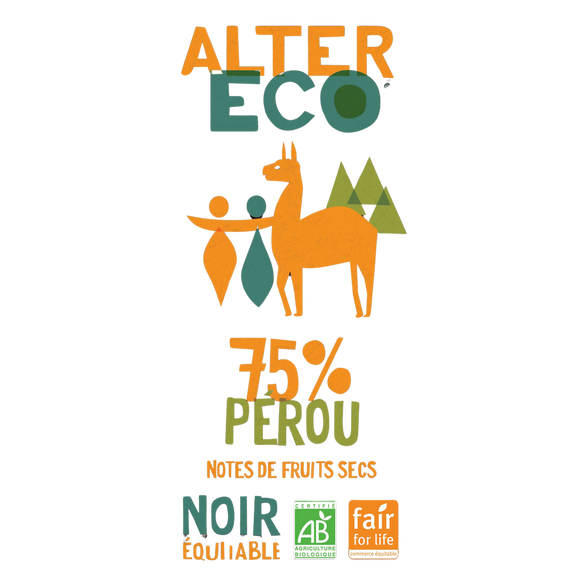Chocolat noir bio 75% Pérou ALTER ECO - Tablette 100g