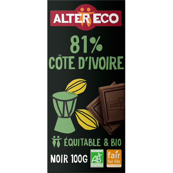 Chocolat noir Cote d'Ivoire 81% bio ALTER ECO, tablette 100g