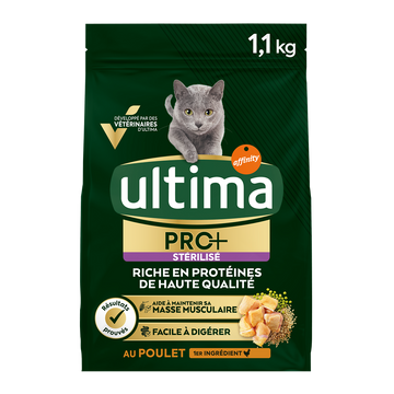 Croquettes Chat Stérilisé Pro+ Adulte Poulet ULTIMA, 1,1 kg