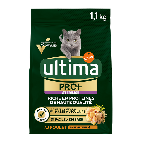 Croquettes Chat Stérilisé Pro+ Adulte Poulet ULTIMA, 1,1 kg
