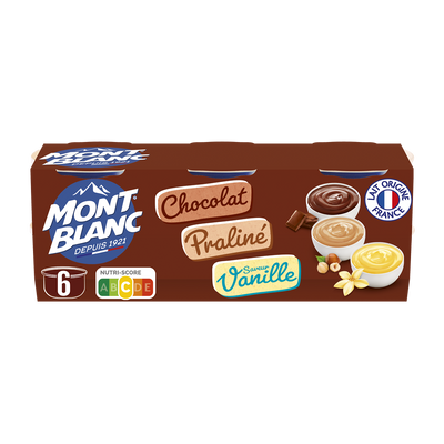 Crème dessert Coupelles Chocolat, Vanille, Praliné MONT BLANC, 6x125g