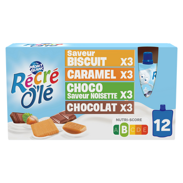 Goûter laitier Chocolat, Caramel, Saveur Biscuit, Chocolat Saveur Noisette RÉCRÉ O'LÉ 12x85g